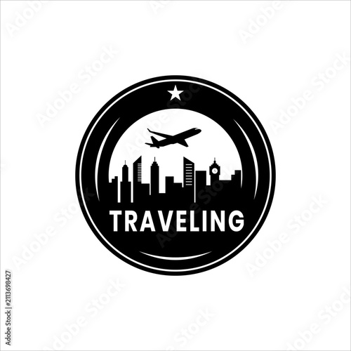Traveling City Skyline Badge Logo Design Vector with Airplane Silhouette Round Emblem for Tourism Aviation Journey Adventure Branding
