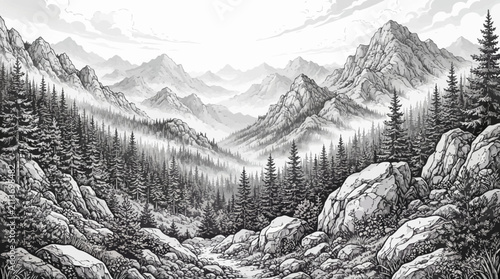 Cuadro en lienzo Majestic Mountain Landscape with Forest and River - Black and White Illustration