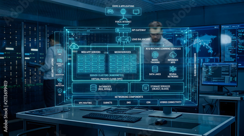 Cloud computing infrastructure architecture diagram overlay