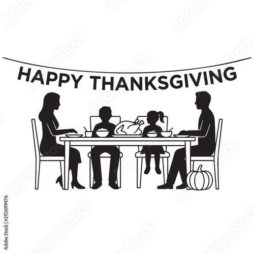 Happy Thanksgiving silhouette illustration of a family gathered around a dining table for a festive meal on a white background