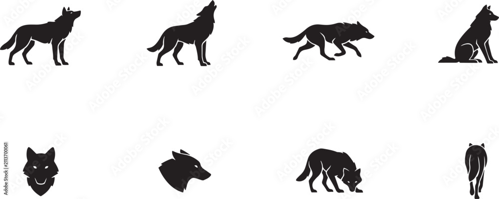 Obraz premium Wolf Silhouette icon set Black Vector Illustration Isolated on White Background. silhouette icons vector