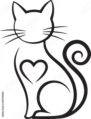 Cute cat silhouette with heart shape tail minimalist line art