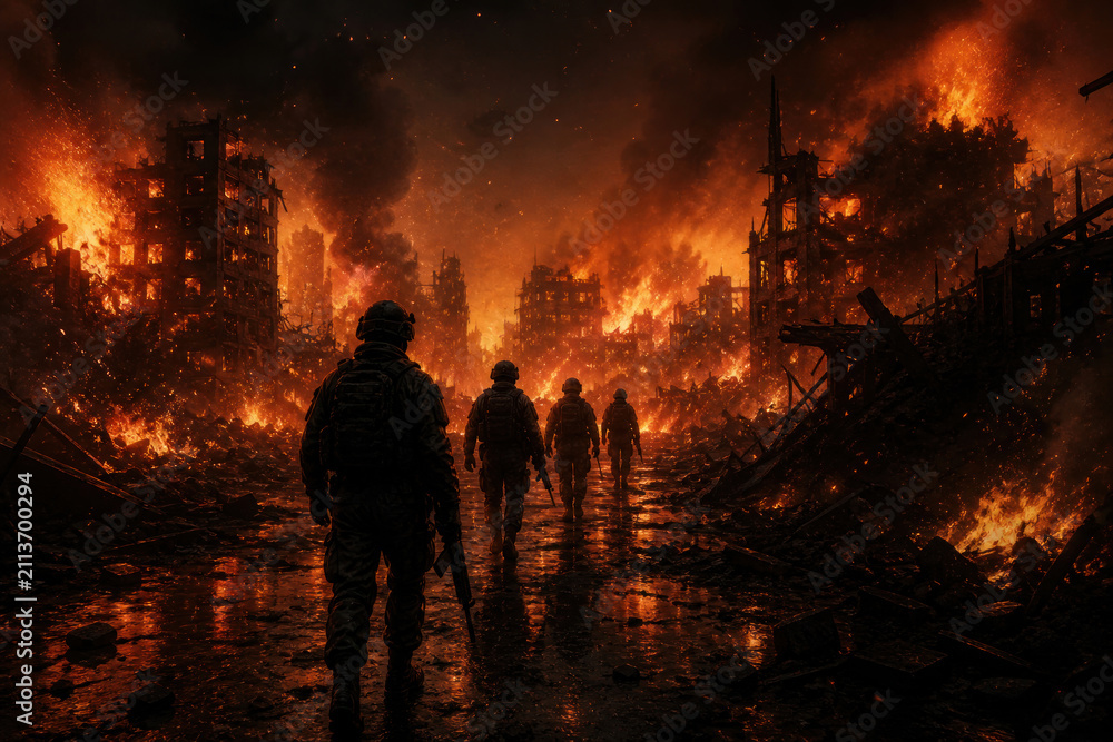 Obraz premium Soldiers Walking Through Burning Ruined City in Apocalyptic War Scene