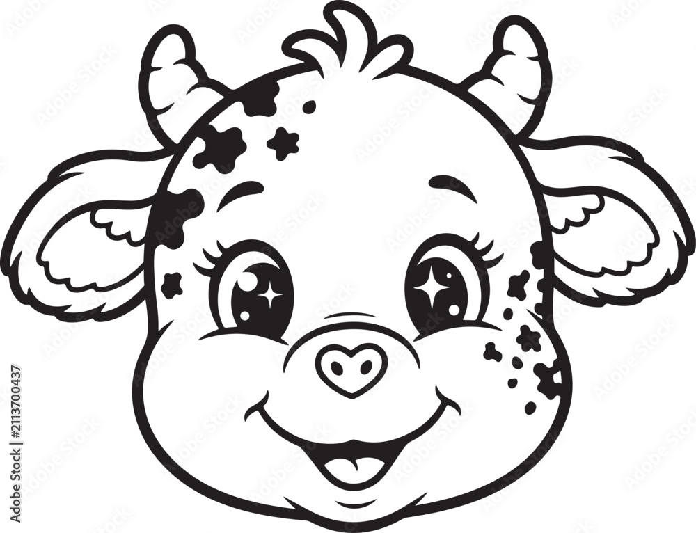 Obraz premium Cute spotted baby cow face with horns cartoon line art