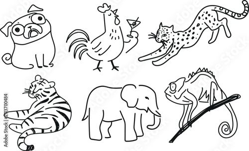 Hand Drawn Cartoon Animal Collection with Playful Wildlife Character Illustrations