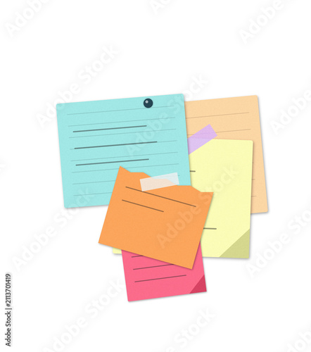Colorful sticky notes with text and symbols on white background