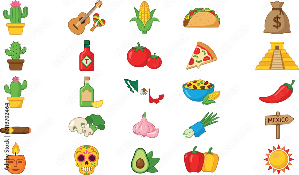 Fototapeta premium Mexican Culture Icon Set with Cactus Guitar Taco Tequila Sugar Skull Chili and Pyramid Flat Vector Illustration Collection