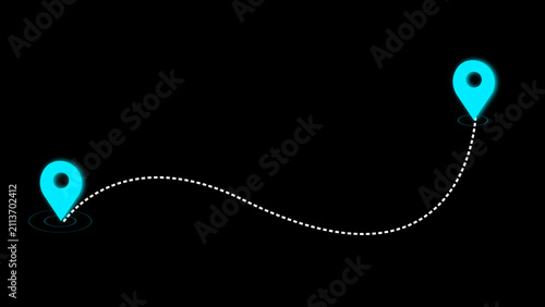 Two cyan map pin icons connected by a dashed line on a black background location marker navigation