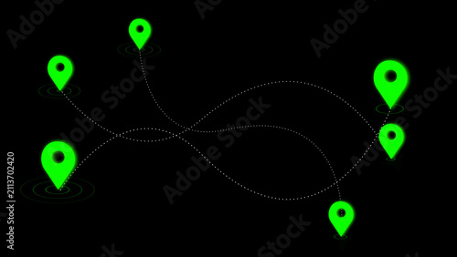 Multiple glowing green map pin icons connected by dotted lines on a black background location marker