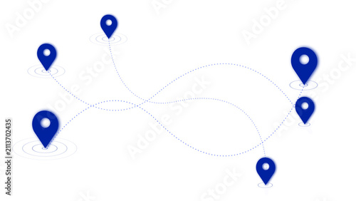 Multiple blue location pins connected by dotted lines on a white background map marker navigation