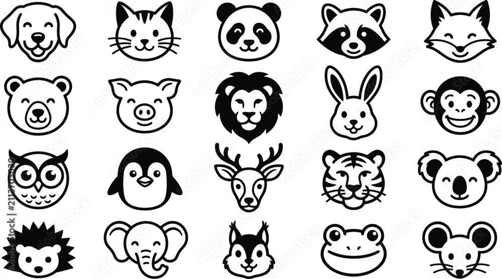 Fototapeta premium Wild animal face icon collection featuring cute forest and zoo wildlife avatars, minimalist vector set for nature, mascot, and branding
