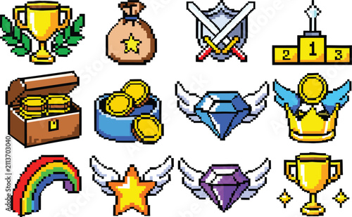 Pixel art gaming achievement and reward icons collection featuring trophies medals gems coins treasure and ranking symbols vector set