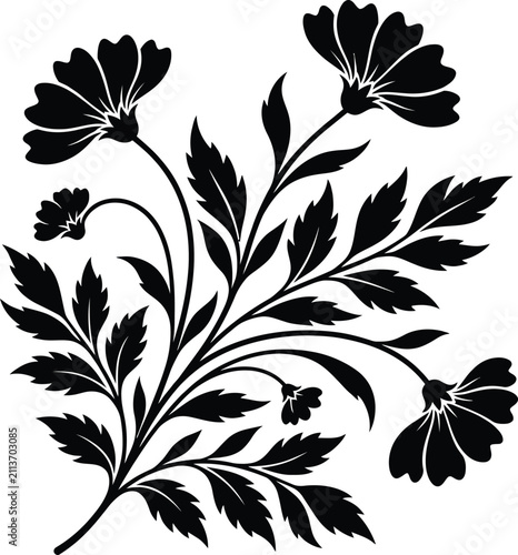 Black silhouette of a floral branch with five flowers and serrated leaves on a white background