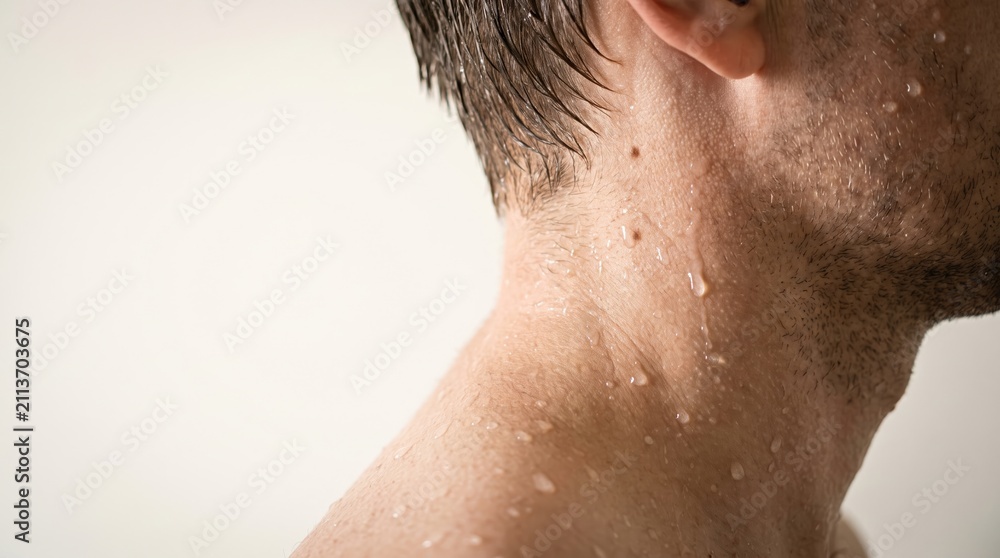 Naklejka premium Extreme close-up of water droplets on mans neck and shoulder after shower, mens body care with copy space