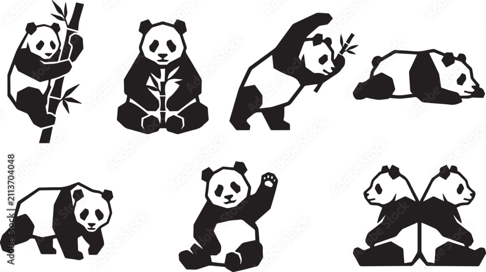 Obraz premium A set of pandas. Hand drawn vector illustration