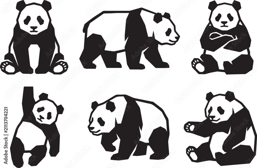 Obraz premium A set of pandas. Hand drawn vector illustration