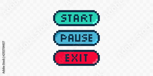 Pixel art buttons for video game menu start pause exit