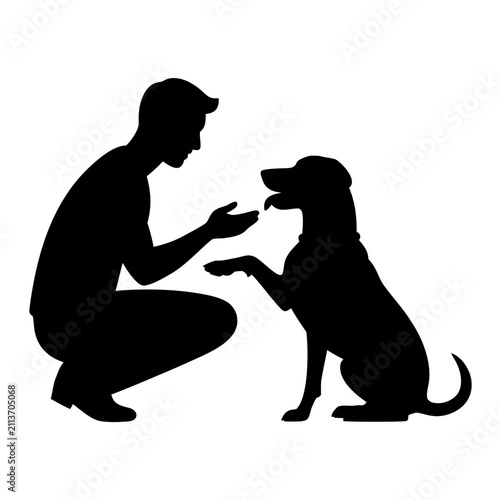 Owner teaching dog to shake paw silhouette. Pet training and obedience concept. Black vector illustration isolated on transparent background