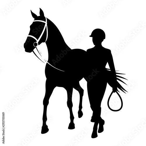 Rider leading horse by bridle silhouette. Equestrian sport and training concept. Black vector illustration isolated on transparent background