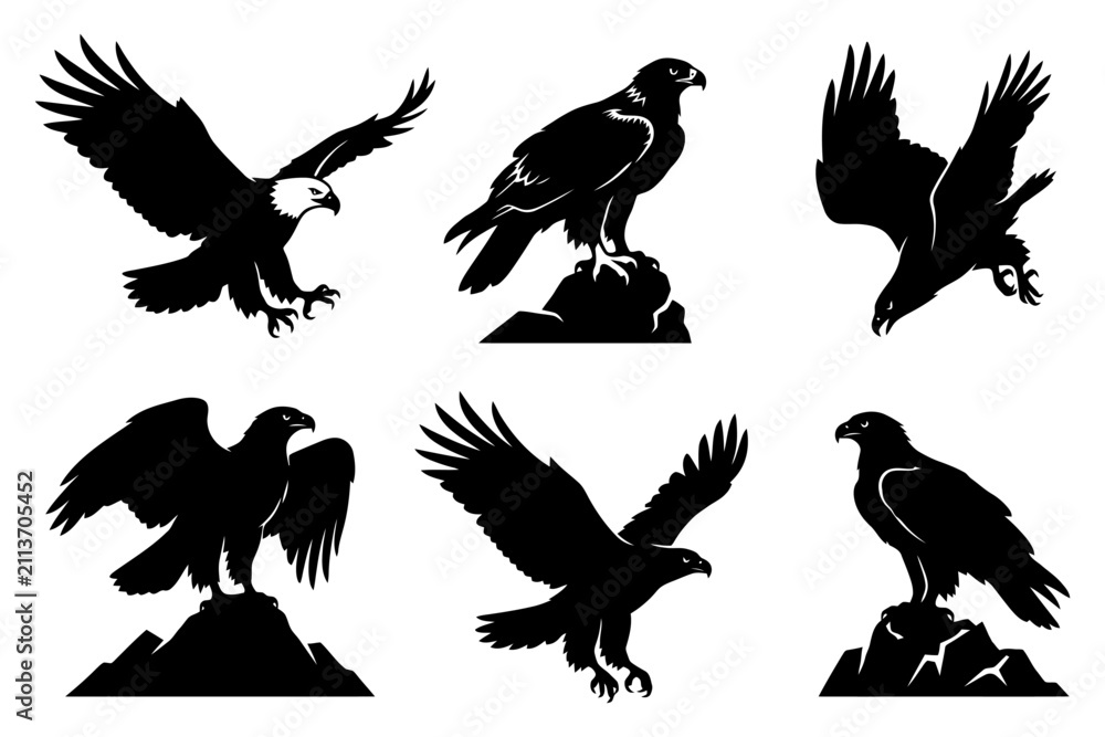 Obraz premium Silhouette illustrations of eagles in various poses on rocks.