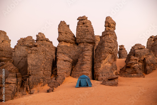 Tent Camp Among Rock Pinnacles at Dusk