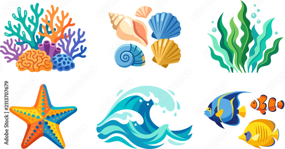 Fototapeta premium Colorful underwater ocean life collection featuring vibrant coral reefs, tropical fish, swirling waves, and seashells for maritime graphic design projects