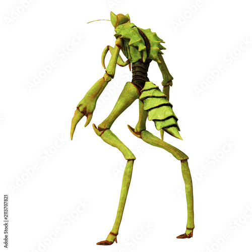 3D rendering of a humanoid mantis creature.