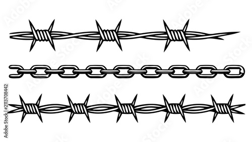 Bild auf Leinwand Black and white illustration of barbed wire and metal chain rows on a simple bac
