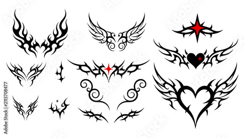 Foto Set of black tribal tattoo designs with heart and wing shapes for modern graphic