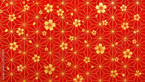 Red and gold floral geometric pattern with stylized cherry blossoms and star-like lattice, ornate Asian-inspired decorative background