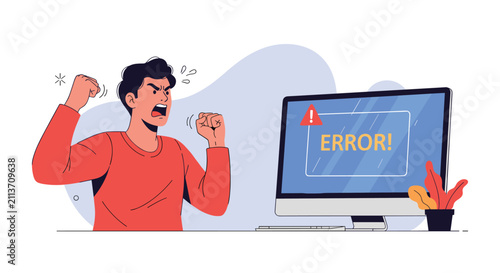 Furious young man screaming and raising his fists in anger in front of a computer screen displaying an error message.