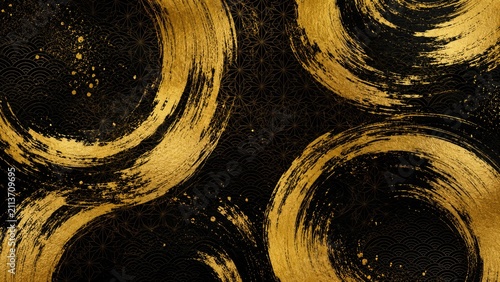 Black textured background with bold gold brushstroke circular rings, splatters and Japanese wave and geometric motifs for a luxurious abstract design