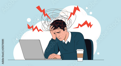 Stressed young man working on a laptop at his desk with red lightning bolts and scribble lines representing extreme burnout.