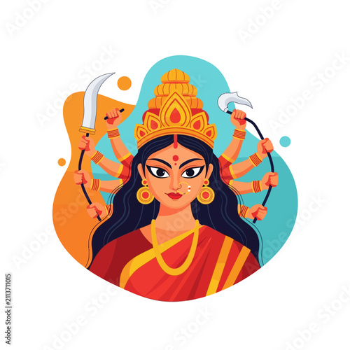 Foto Goddess Durga appears with multiple arms and traditional weapons in a vibrant stylized illustration