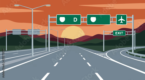 Foto Highway road with exit signs and mountain landscape at sunset vector