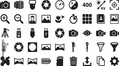 Fotografía Collection of and camera equipment featuring lenses, shutters, flash, memory car