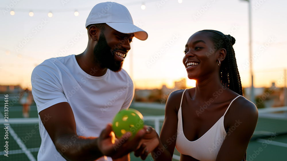 © dinatychynska - A smiling couple exchanges a pickleball before the next point, warm sunset light and string lights glowing on the court behind them. A romantic summer lifestyle scene of connection and play.