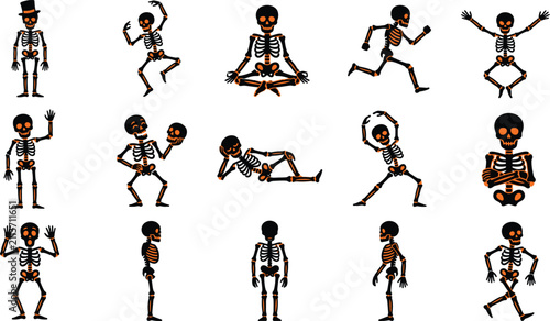 Tableau sur toile Set of expressive skeleton characters in various athletic and relaxed halloween