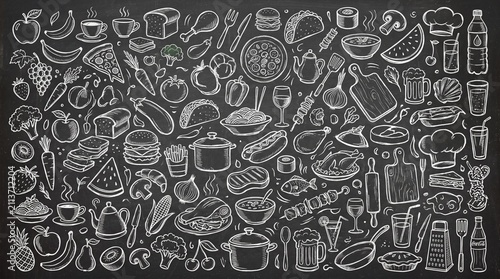 Large collection of hand drawn food doodles and kitchen icons on a chalkboard background showing various meals drinks fruits vegetables and cooking utensils for culinary design projects