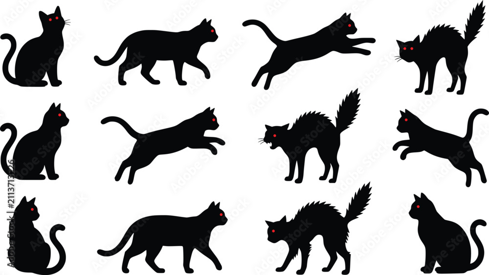 Fototapeta premium Black Cat Silhouettes Collection With Red Eyes On A White Background Vector Illustration silhouette