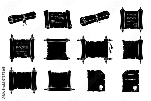 Set of vintage scroll and document icons with seals and ribbons.