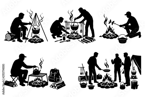 Silhouettes of people cooking over campfires in various outdoor scenarios.