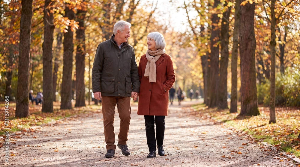 Fototapeta premium Elderly couple walking hand in hand along a tree-lined path in an autumn park with colorful foliage and soft sunlight filtering through branches