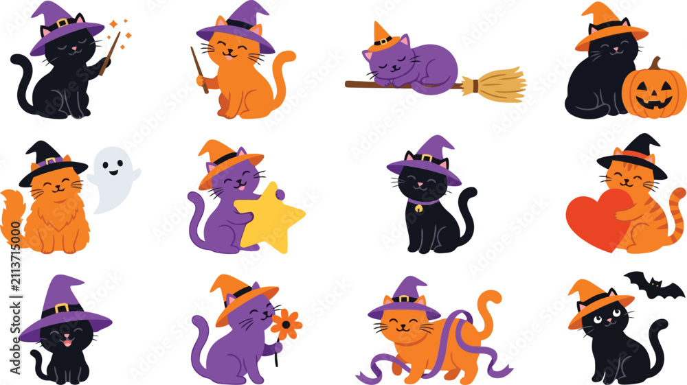 Obraz premium Twelve cute cartoon cats wearing witch hats for halloween, featuring kittens with magic wands, pumpkins, stars, hearts, and ghosts on white