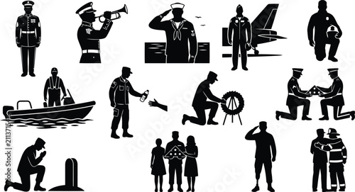 Konstfotografi Collection of black silhouettes depicting military personnel, soldiers, and firs