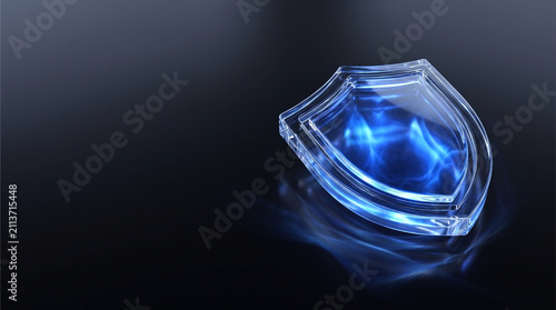 Conceptual 3D render of a futuristic translucent glass security shield glowing with bright blue neon light on a dark reflective surface.