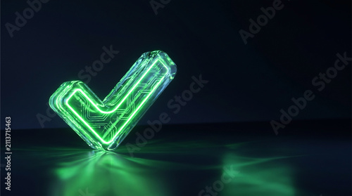 Conceptual 3D render of a futuristic translucent glass checkmark symbol glowing with green neon light and circuit details on a dark reflective surface.