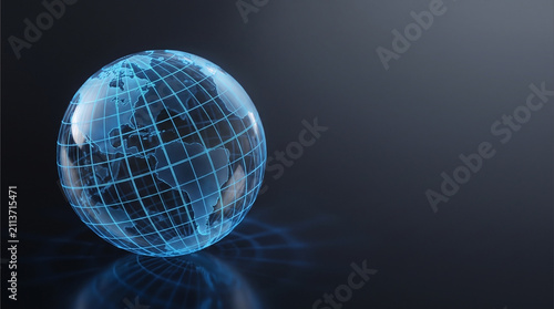 Conceptual 3D render of a futuristic translucent glass Earth globe glowing with blue neon grid lines on a dark reflective surface.