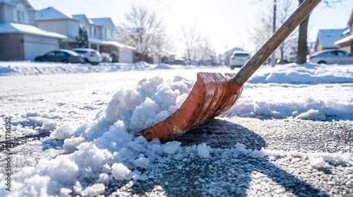 Person shoveling snow from driveway. Clearing ice and snow after a winter storm.