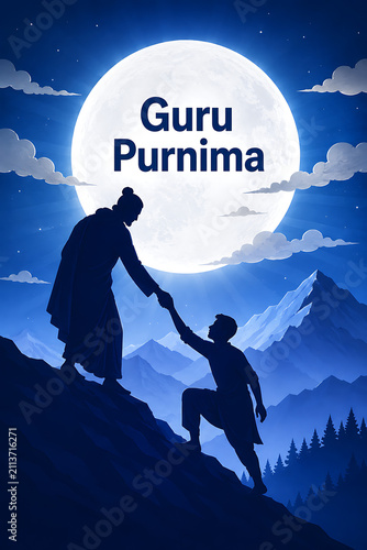 Guru purnima teacher helping devoted disciple climb mountain beneath glowing full moon during hindu religious festival symbolizing guidance faith wisdom and spiritual growth